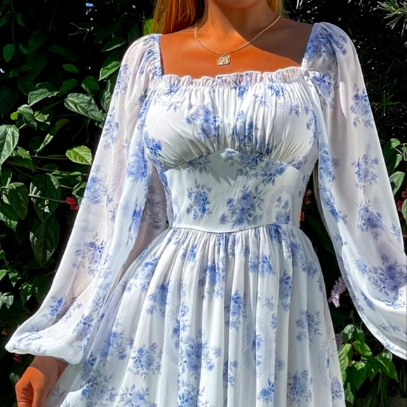 SHEIN Dresses & Skirts - SHEIN VCAY Allover Floral Print Lantern Sleeve Ruched Bust Chiffon Dress